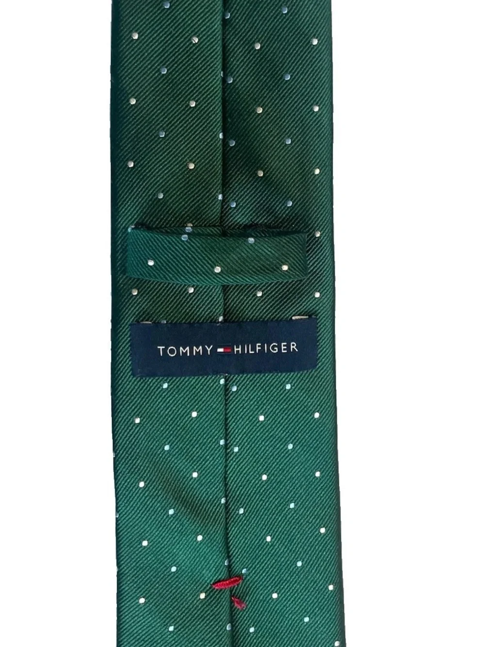 Tommy Hilfiger 100% Silk Green Tie w/White and Blue Polka Dots  (3 in x 61 in)